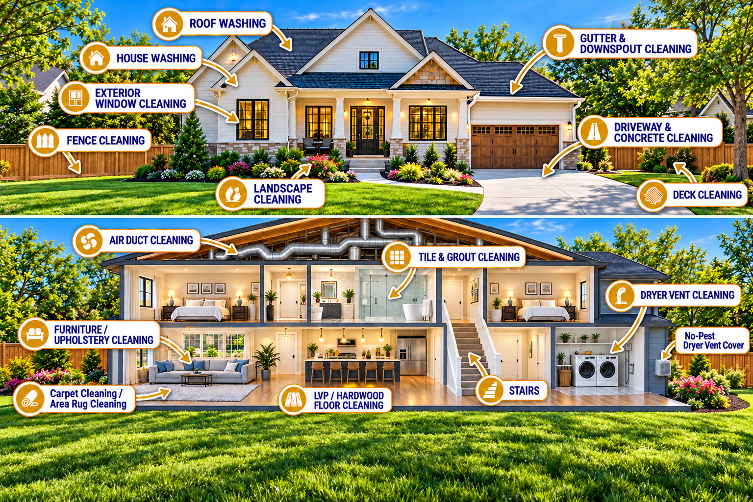 Whole-property service illustration showing exterior cleaning and interior cleaning services offered or coordinated by Property Ready